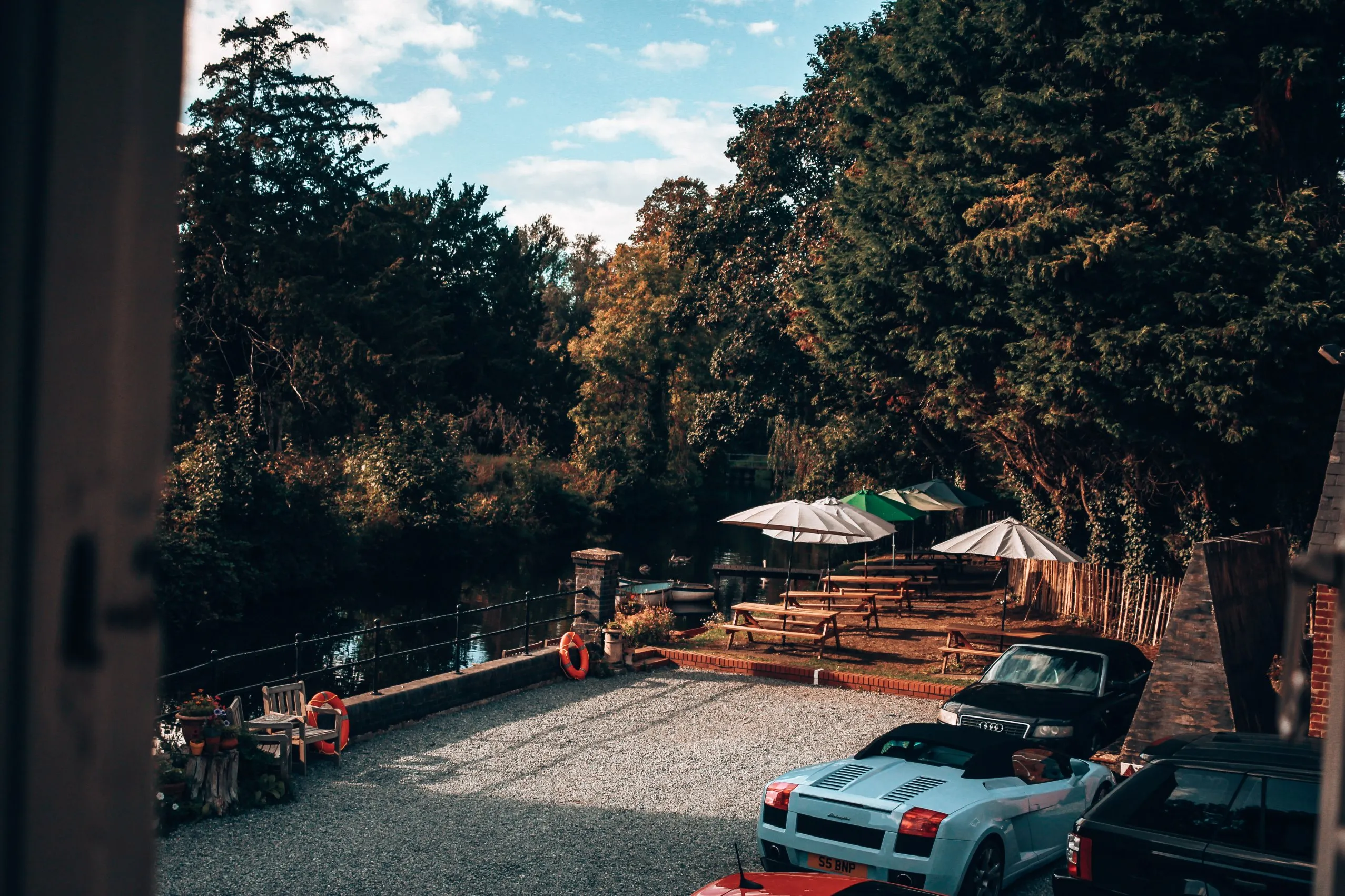 Riverside seating with parasols