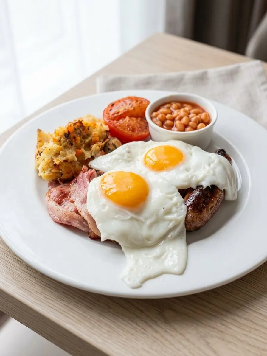 Breakfast with two fried eggs, bacon, sausage, tomato and beans