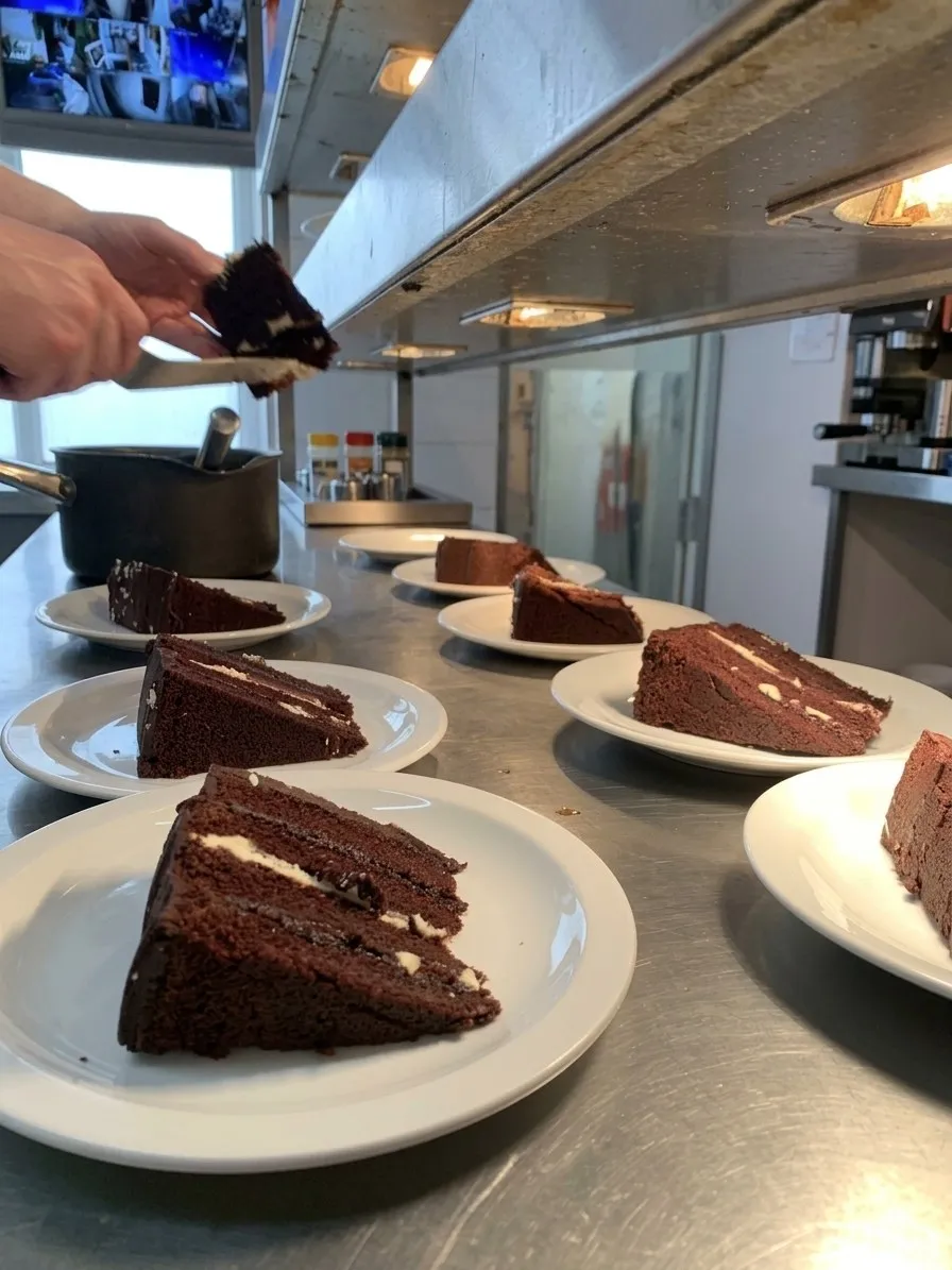 Slices of layered chocolate cake lined up at the pass